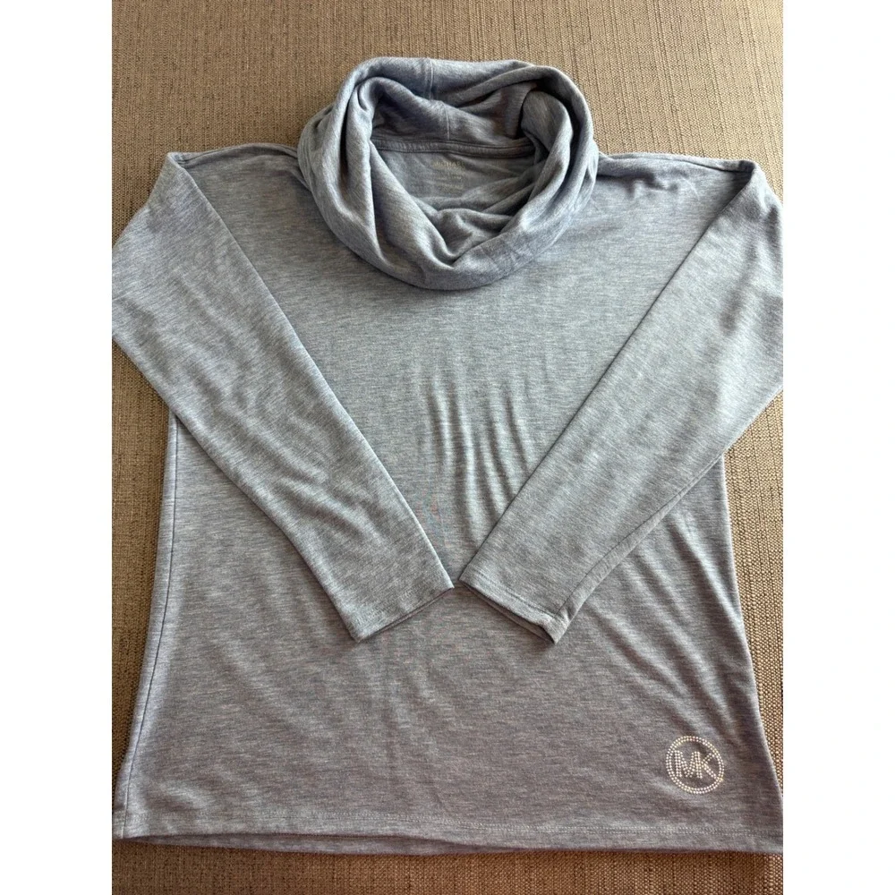 Michael Kors Womens Cowl Neck Top Blue Gray Rhinestone MK Logo Long Sleeve S